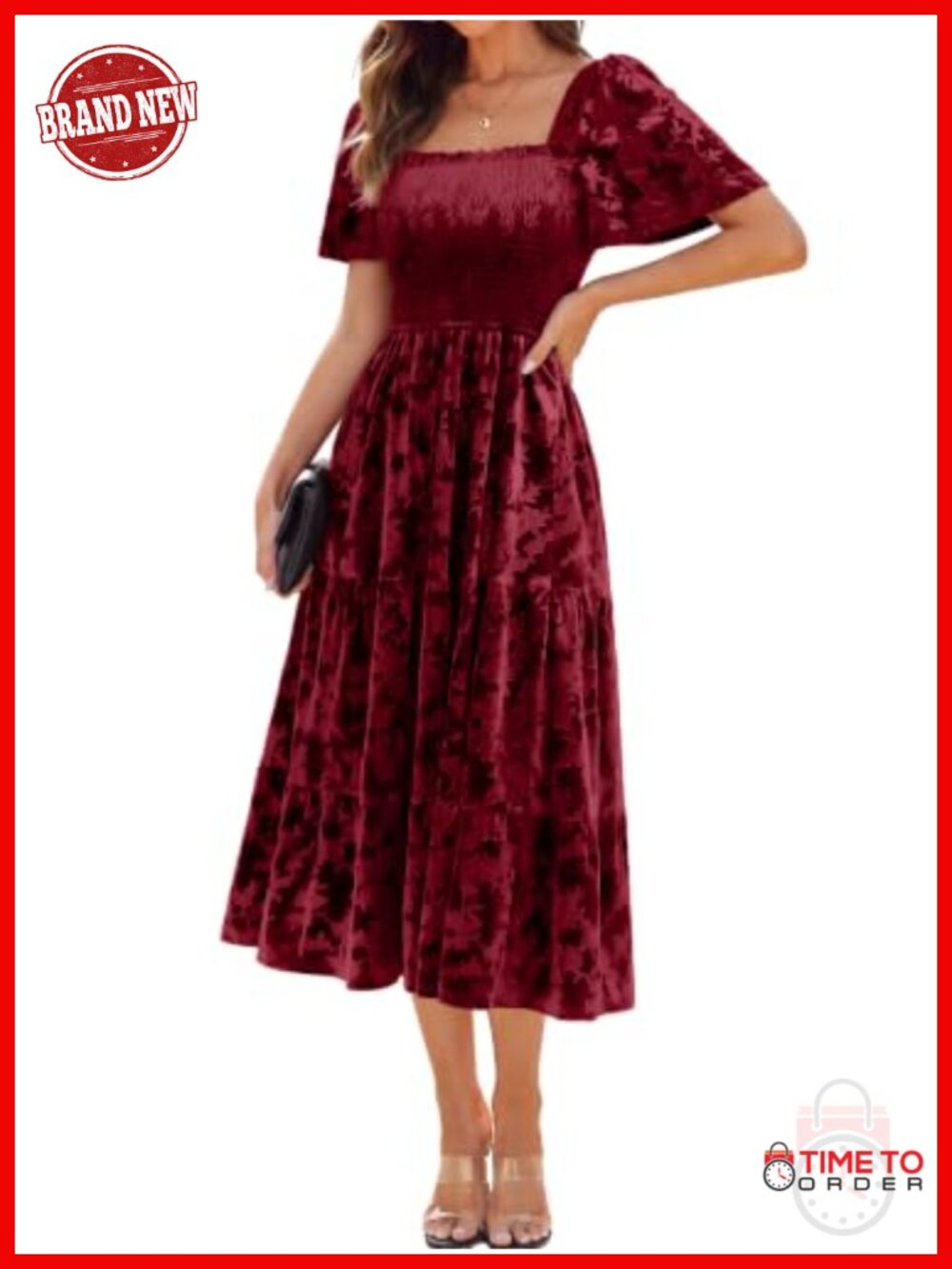 Velvet Floral Maxi Dress Square Neck Flutter Sleeve Smocked Semi Formal